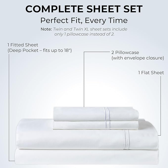 100% Natural Cotton Bed Sheets | 500 TC Single-Ply Sateen Weave Cal King Sheet Set | Breathable & Hypoallergenic Solid 4-Piece Bedding with Deep Pocket Fitted, Flat, Pillowcase | White