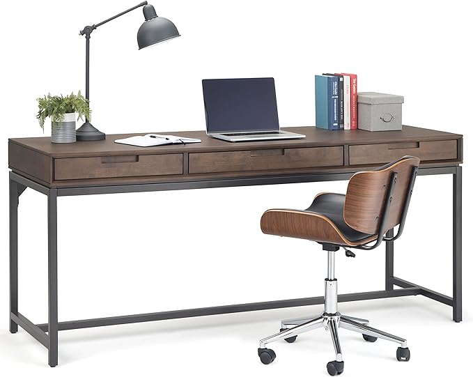 SIMPLIHOME Banting Desk - 72 Inch Wide Solid Hardwood and Metal Writing Desk in Walnut Brown, Modern Industrial Home Office Computer Table for Study with 2 Drawers and Flip-Down Keyboard Tray