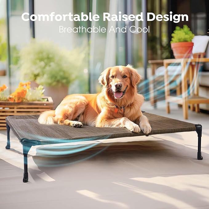Veehoo Outdoor Elevated Dog Cot Bed, Cooling Raised Pet Bed for Small Dogs, Washable Breathable Mesh Hammock Bed with No-Slip Feet, Indestructible Ground Off Training Platform Cot-22"x17" Brown