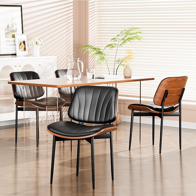 Dining Chairs Set of 8, Dining Room and Kitchen Chairs, FSC Certified Mid Century Modern Accent Chair, Upholstered PU Leather Chairs for Vanity with Walnut Bentwood and Metal Legs, Black