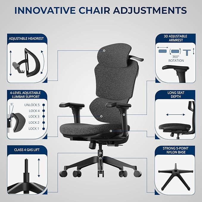 Ergonomic Office Chair – Computer Chair with Divided Tilted Back, Adjustable Armrests & Soft Seat – Holds Up to 290bs (Gray)