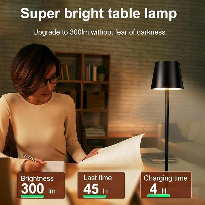 2-Pack Cordless Metal Table Lamp, 3 Adjustable Heights, 5400mAh Rechargeable Battery, 3 Colors Touch Dimming, Waterproof Portable Wireless Desk Lamp for Restaurant, Bedroom, Outdoor Patio