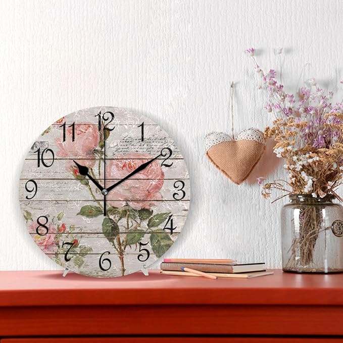 Wall Clock Vintage Wood Grain Flower Silent Non-Ticking Decorative Round Wall Clocks Battery Operated for Office Home Living Room Kitchen Bedroom 10 Inch