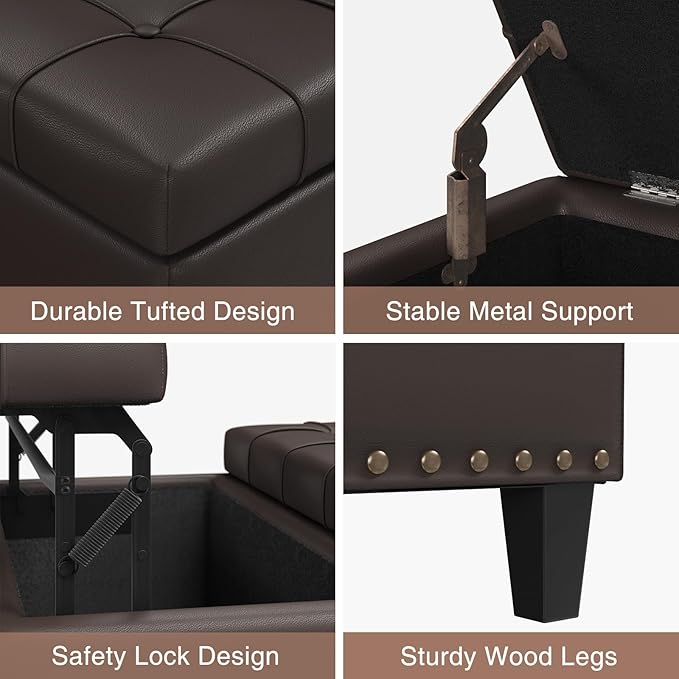 Square Leather Ottoman with Storage, Faux Leather Coffee Table with Lift Top,Large Upholstered Footrest Stool Toy Box Storage Bench for Bedroom Living Room, Chocolate