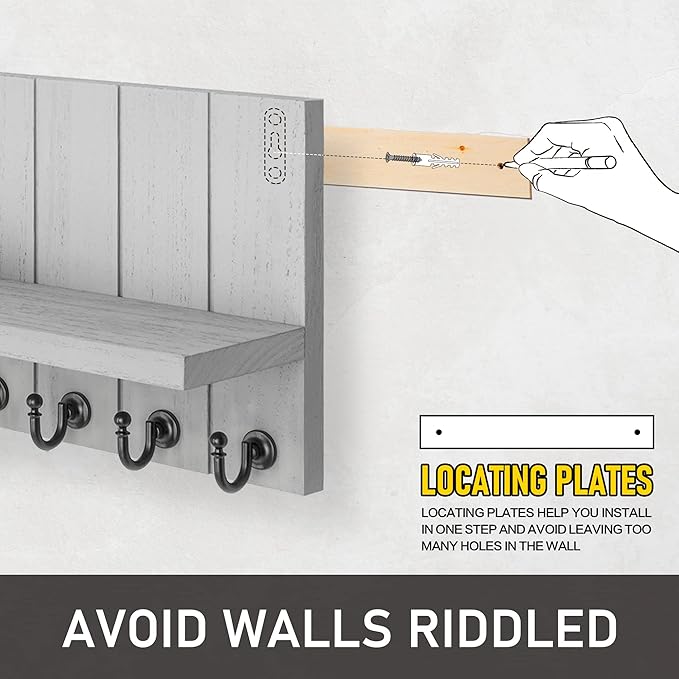 Rebee Vision Decorative Key and Mail Holder for Wall - Farmhouse 15 Inches Floating Shelf with 7 Sturdy Key Hooks for Home Entryway Wall Decor - Rustic Key Racks (Gray)