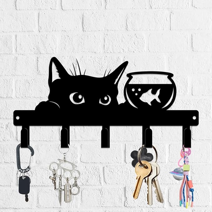 magilab Cat-Themed 10-Inch Iron Key Hooks with 5 Hooks, Black Wall Organizer - Cute Cat Design for Home Decor, No Drill & Screw-in Options (Style F)