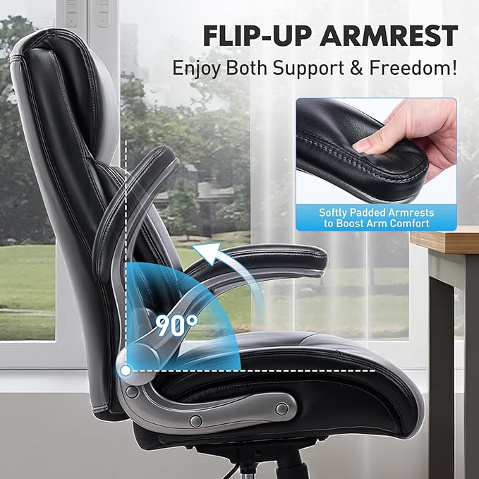 Ergonomic High-Back Executive Office Chairs, Heavy Duty Home Computer Chair with Lumbar Support, Flip-Up Arms, and PU Leather Upholstery, Black