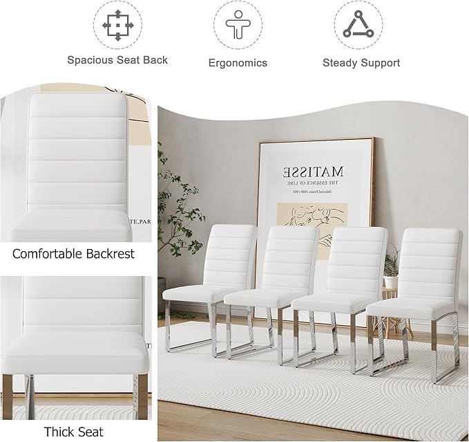 Modern Dining Chairs Set of 4, White Faux Leather Kitchen Chairs, Upholstered Armless Dining Room Chair with Gold Mental Legs Heavy Duty, Comfortable (White Chairs, Set of 4)