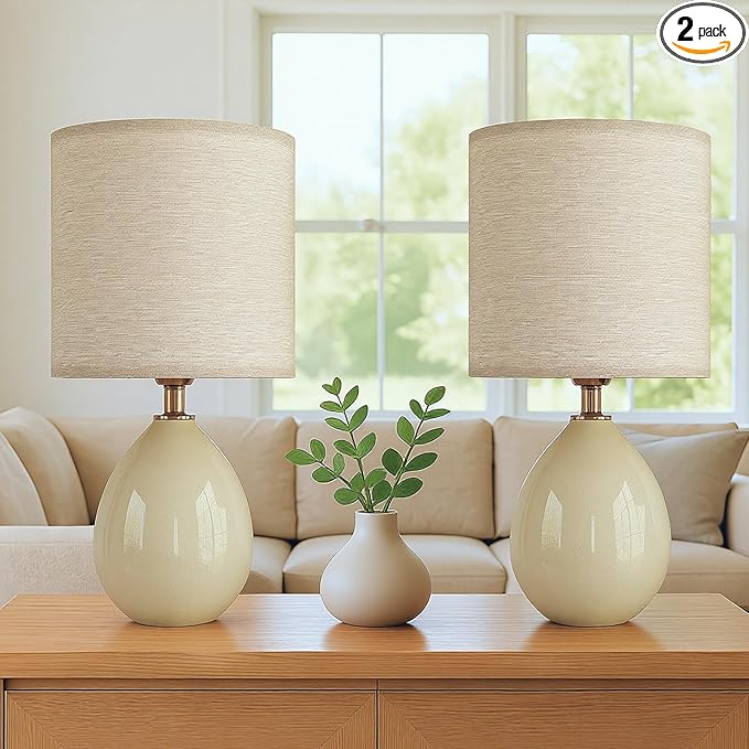 18.5" Table Lamp Set of 2 for Living Room Bedroom, Bedside Lamps for Night Stands, Desk Nightstand Lamp Dimmable, Modern Linen Cream Ceramic Lamps