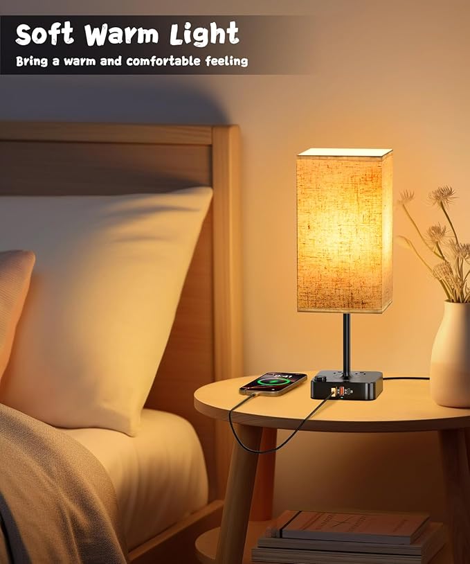 RGB Color Changing Lamp - Multi Color Desk Table Lamp with 2 AC Outlets, Stepless Dimming, Built-in USB-C + USB Charging Ports, Modern LED Bedside Lamp for Bedroom,Living Room, Dorm, or Home Office