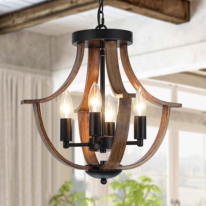Farmhouse Hanging Pendant Lighting, 4-Light Rustic Flush Mount Ceiling Light Fixture,Modern Faux Wood Vintage Chandelier for Dining Room Kitchen Island Foyer Hallway Entryway Bedroom