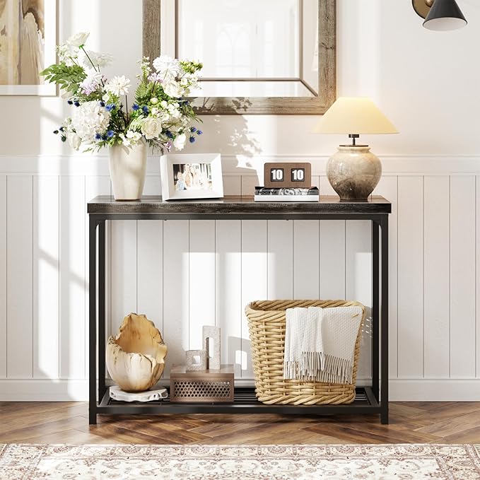 32" Small Console Table, 2-Tier Narrow Entryway Table, Sofa Table with Mesh Shelves, Console Tables for Living Room, Hallway, Entryway, Farmhouse Console Table with Storage, Oak Grey