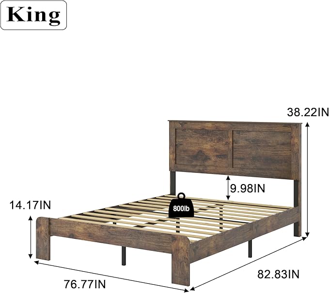 King Size Bed Frame, Rustic Vintage Platform Bed Frame with Wood Headboard and Footboard, 12 Wood Slats Support, No Box Spring Needed (Dark Brown, King)