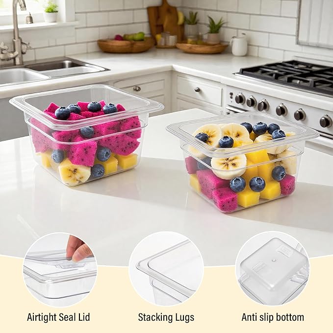 4 Pack Plastic Food Pans with Lids,1/6Size4 Inch Stackable Restaurant Clear Food Storage Containers,Polycarbonate Commercial Hotel Pans for Fruits Vegetables Beans Corns(4Pack 4" Deep)