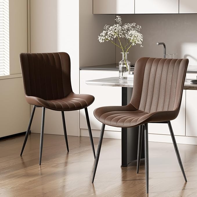 Dining Chairs, Modern Dining Room Chair 16 inch Leather with Wooden and Metal Frame, Set of 2 (Brown)