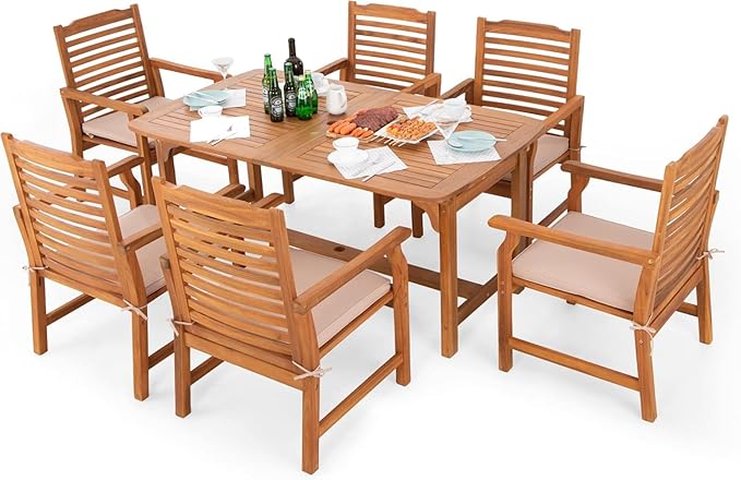 MFSTUDIO 7 Pieces Patio Dining Set, Teak Wood Outdoor Dining Set for 6, 1 x Rectangular Expandable Acacia Wood Table, 6 x Wooden Patio Dining Chairs with Removable Cushions for Backyard, Porch