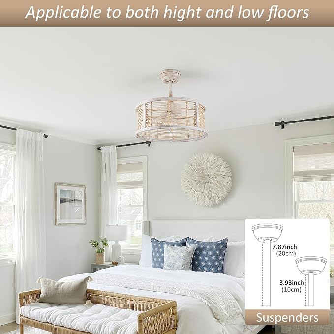 hummingbird 20 Inch Rattan Caged Ceiling Fan with Light, Boho White Fandelier Ceiling Fan with Lights and Remote, Enclosed 6 Speed for Bedroom Kitchen Dining Room