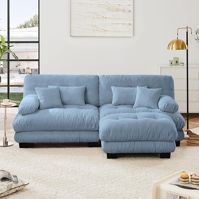 94.4" Loveseat Sofa, 2 Seater Modular Sectional Sofa, Blue Large L Shaped Sectional Couches for Living Room, Fluffy Chenille Fabric Cloud Couch with Ottoman