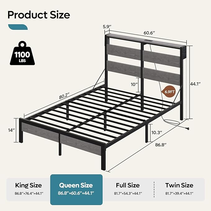 Bestier Queen Bed Frame with Storage Headboard and Charging Station, Grey Platform Bed Frame with LED Light, Non-Slip Metal Bed Frame, Noise-Free, Easy Assembly