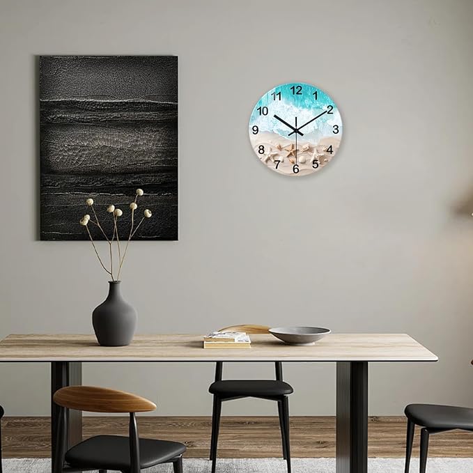 XNM Modern Coastal Wall Clocks Battery Operated 12 Inch Round Blue Beach Clock for Bathroom Silent Wall Clock Non Ticking