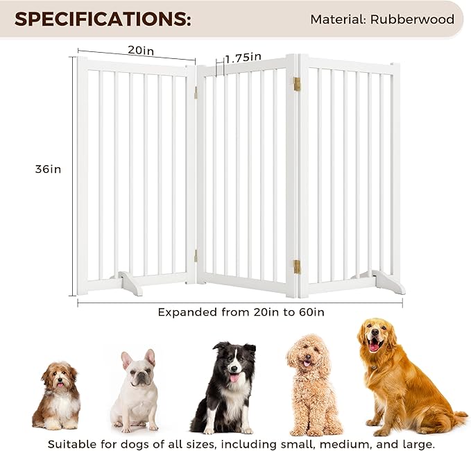 36" H Freestanding Dog Gate, Solid Wood Foldable Pet Gate with Support Feet, Wooden Tall Dog Gate for Doorway, Stairs & Indoor Use, 60" Wide Expandable Pet Fence, 3 Panels, White
