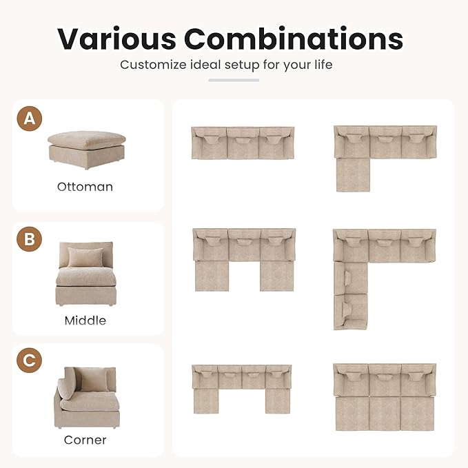 Cloud Couch Modular Sectional Sofa with Ottoman,120inch Down Filled U Shaped 5 Seater Convertible Sofa,Cover Washable and Replaceable Couches for Living Room