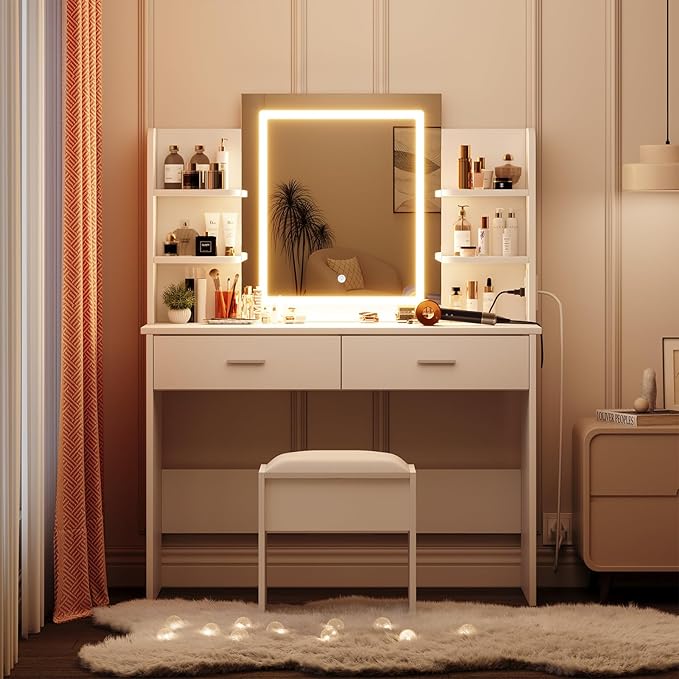 GAOMON Makeup Vanity Desk with Lights and Mirror, Vanity Table with 3 Lighting Modes, Storage Drawer, Shelves, Charging Station and Included Stool for Bedroom, White