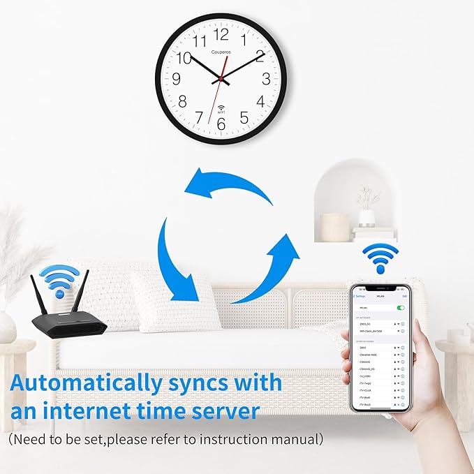 WiFi Wall Clock with Auto-DST, 12 Inch Silent Non-Ticking Round Analog Modern Battery Powered Clock Smart Analog WiFi Clock for Home Kitchen Office Classroom