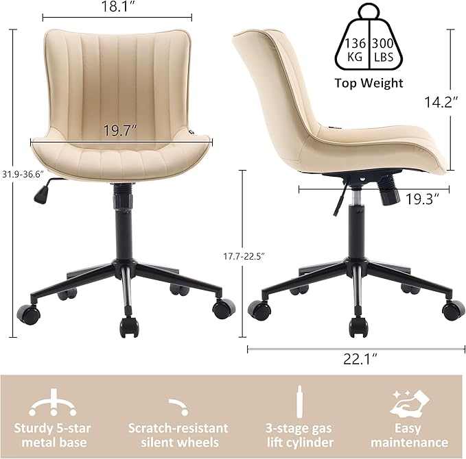 Kidol & Shellder Beige Leather Home Office Desk Chair with Wheels Modern Cute Armless Executive Swivel Vanity Chair with Comfy Padded Back Ergonomic Rolling Adjustable Computer Task Chair Small