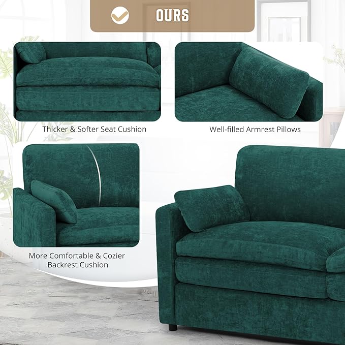 69" Chenille 2 Seats Sofa with 2 Pillows, Modern Upholstered Sofa with Deeper Seats, Comfy Sofa with Thickened Cushions for Living Room, Apartment,Teal