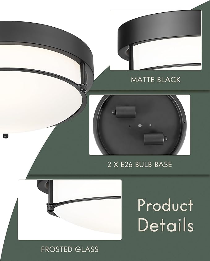 12-Inch Flush Mount Ceiling Light, Modern Farmhouse Style with Frosted Glass Shade, Matte Black, Ideal for Living Room, Bedroom, or Dining Room – Model CKCL4822-2W-BK