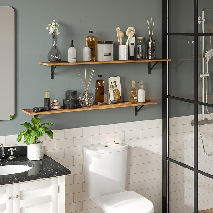 DINZI LVJ Long Wall Shelves, 47.3Inch Floating Shelves Set of 2, Extra Large Wall Storage Ledges with Sturdy Metal Brackets for Living Room, Bathroom, Bedroom, Kitchen, Rustic Brown