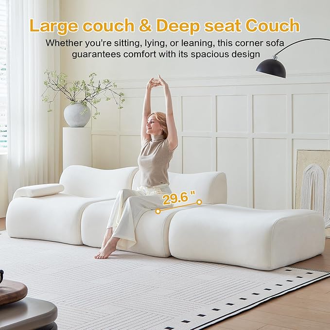 Sectional Couches for Living Room 114" Boneless Couch with Ottoman, Modular Sectional Sofa L Shaped Couch with 2 Seater, Cloud Couches Modern Compressed Sofas No Assembly