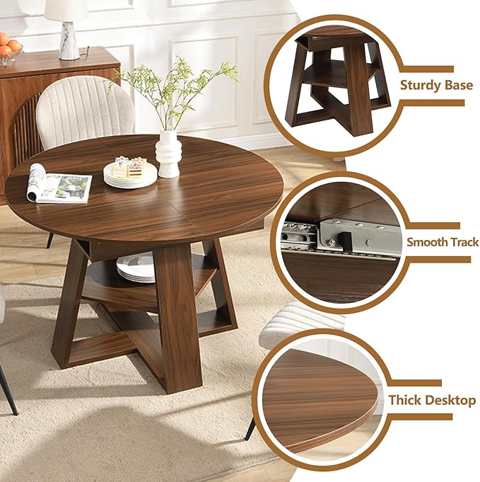 Round Dining Table for 4-8 People, 43.3"-59" Oval Dining Table Space Saving, Expandable Kitchen Table with Smooth Glide Mechanism Modern Design & Wood Base for Small Space (Walnut)