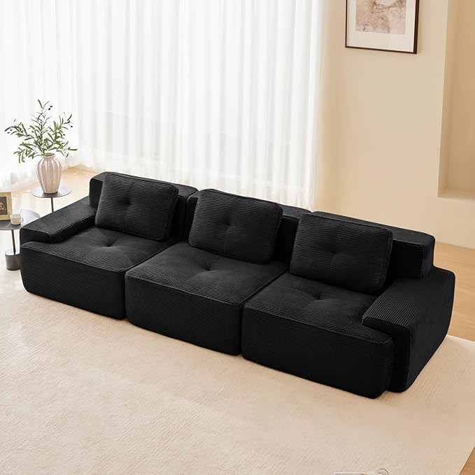 115" Modern Corduroy Cloud Sofa, Boneless Modular Large Sectional Couches for Living Room, Black 3 Seater Compressed Memory Foam Couch, Extra Deep Seat, No Assembly