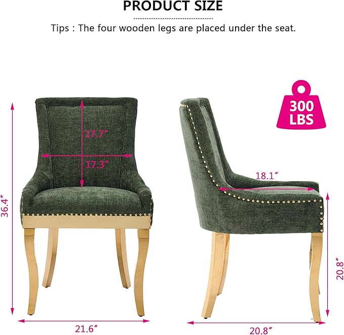Luxury Fabirc Upholstered Dining Chairs Set of 2,Neutral Chenille Kitchen Room Chair with Nailhead Trim,Modern Padded Side Chairs for Dining Room,Living Room (Olive Green-Gold, Set of 2)