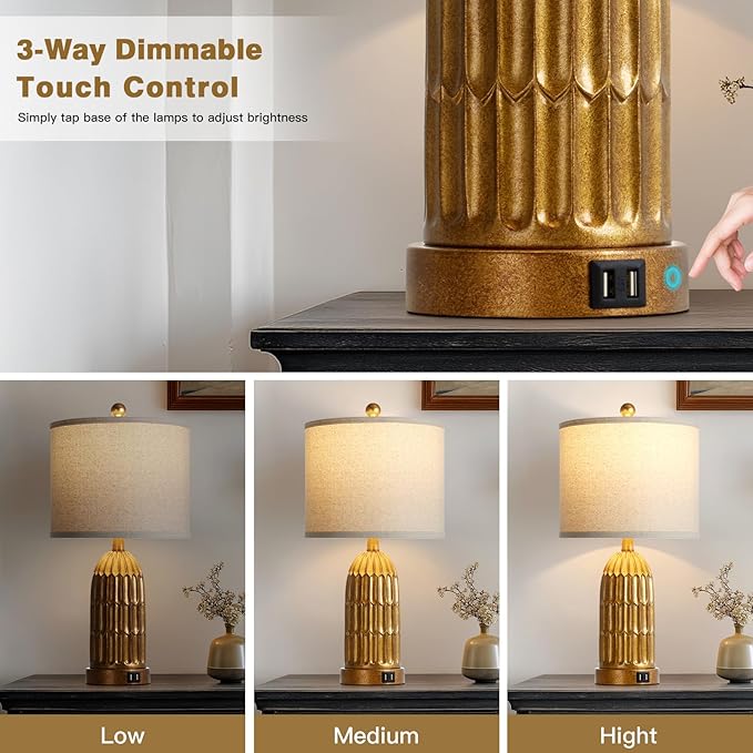 Table Lamps for Bedroom Set of 2, Farmhouse 3-Way Dimmable Touch Nightstand Lamp with 2 USB Charging Ports, Vintage Rustic Traditional Bedside Lamp for Living Room End Table