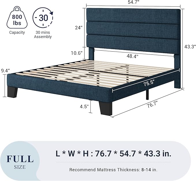 Allewie Full Size Platform Bed Frame with Fabric Upholstered Headboard and Wooden Slats Support, Fully Upholstered Mattress Foundation/No Box Spring Needed/Easy Assembly, Navy Blue