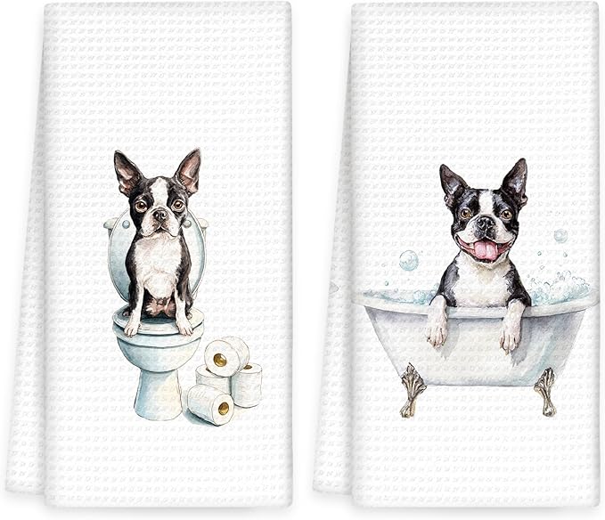 Funny Boston Terrier Dog Hand Towels Set of 2, Gifts for Boston Terrier Dog Owners Lovers, Puppy Pet Decor for Bathroom, Pet Lovers Gifts Toilet Hand Towels for Bathroom Washroom, 16x24In