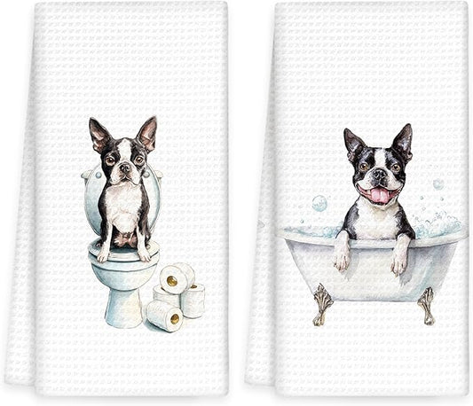 Funny Boston Terrier Dog Hand Towels Set of 2, Gifts for Boston Terrier Dog Owners Lovers, Puppy Pet Decor for Bathroom, Pet Lovers Gifts Toilet Hand Towels for Bathroom Washroom, 16x24In