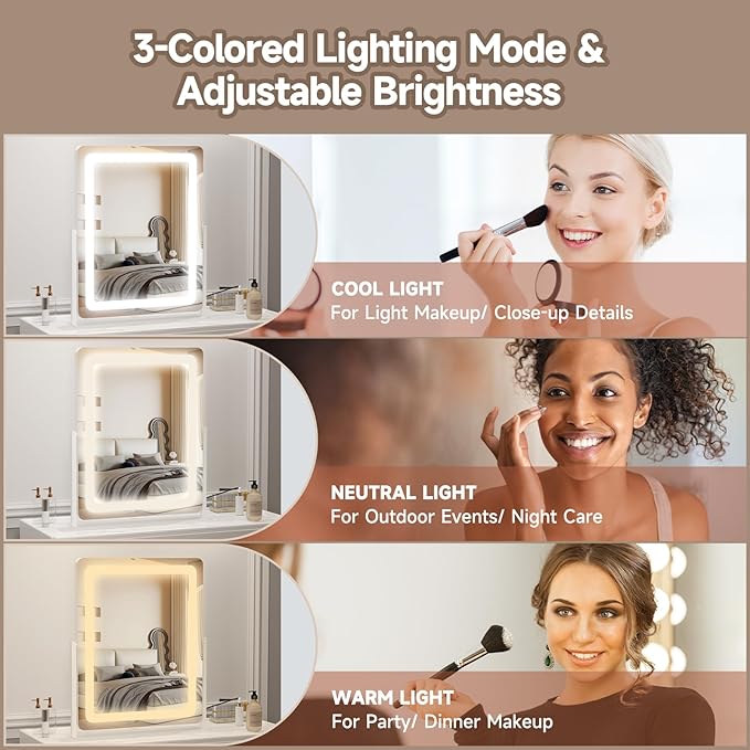 PRIMETEK Vanity Mirror with Lights, 19"x22" Large Makeup Mirror with Lights, LED Lighted Makeup Mirror, Touch Screen with 3-Color Lighting, Dimmable for Vanity Desk Tabletop, Bedroom, White