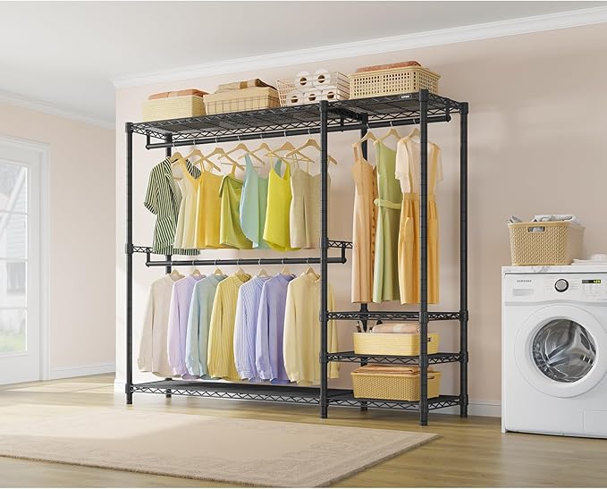 VIPEK V2 Plus Heavy Duty Clothes Rack, Portable Metal Clothing Racks with 4 Tiers Adjustable Wire Shelving & 3 Hanging Rods, Freestanding Closet Rack, Max Load 886LBS, Black