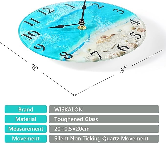 Coastal Nautical Glass Wall Clock with Seashell Design and Aesthetic Beach Theme - Battery Operated Silent Wall Decor for Home, Kitchen, Living Room, Office, Bedroom, or Bathroom (8 Inch,Light Blue)