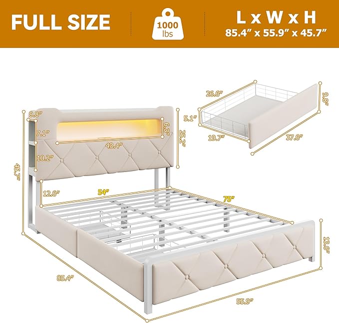 Full Upholstered LED Bed Frame with 2 Storage Drawers and 2-Tier Storage Headboard, Velvet Princess Platform Bed with Charging Station & Bookcase,Heavy Duty Metal Support,No Box Spring Needed,Beige