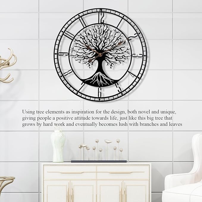 Tree of Life Wall Clock, 24Inch Metal Black Family Tree Oversized Wall Clocks for Living Room Bedroom Home Decor, Modern Silent Mid-Century Battery Operated