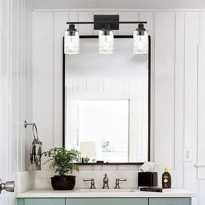 MELUCEE 3-Light Bathroom Light Fixtures, Vanity Lights Over Mirror Black Finish with Hammered Glass, Industrial Wall Light Fixture Suitable for Living Room Porch Kitchen (Patent No.: US D963914 S)