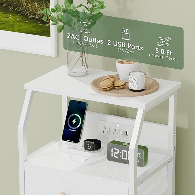 Furnulem Night Stand with Charging Station, 28.3 Inch Tall Bedside Table with PVC Drawers, End Table with USB Ports and Outlets, 3 Fabric Drawer Storage Nightstand for Bedroom, 3 Ways to Use, White
