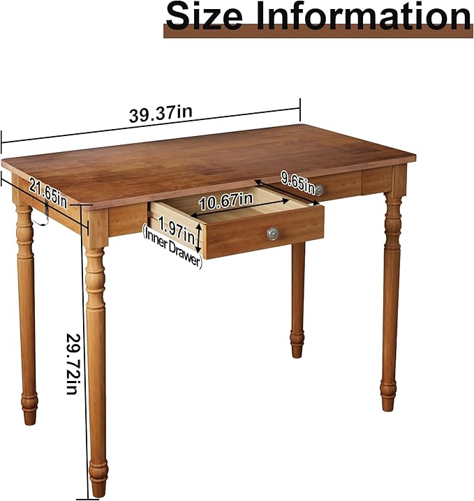 40 Inch Mid Century Modern Desk - Rubber Wood Desk with Drawers, Writing Desks with Drawers, Mid Century Desks for Bedroom, Living Room & Office, Walnut Color