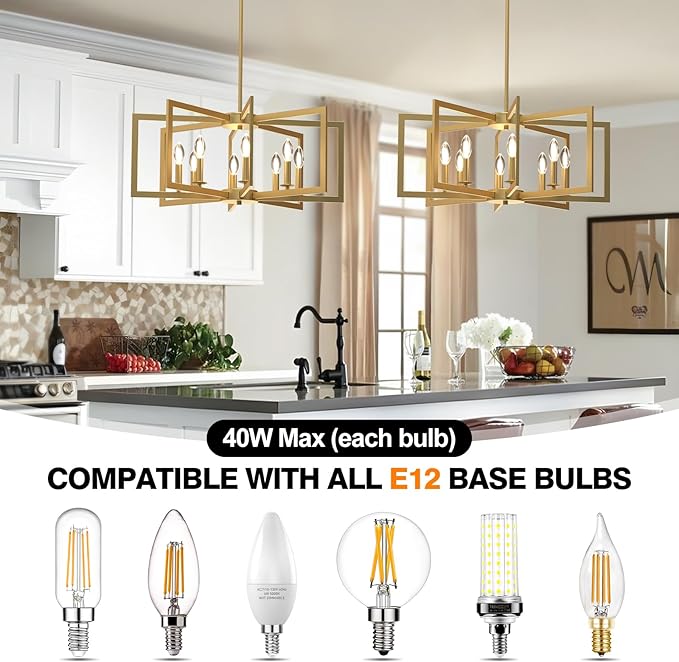 Modern Gold Chandelier, 8-Light Geometric Dining Room Light Fixture, Industrial Pendant Lights Kitchen Island, Hanging Metal Farmhouse Chandeliers for Dining Room Entryway Foyer Bedroom Kitchen ﻿