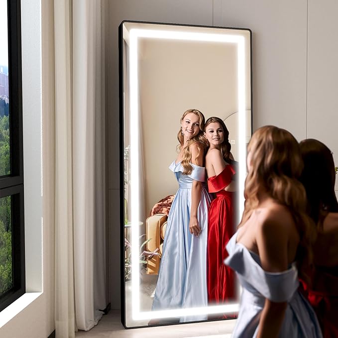 FENNIO Full Length Mirror with Lights, 71"x32" LED Full Body, Free Standing Lighted Floor Mirror, Wall Mounted Hanging Mirror for Bedroom, Salon, 3-Color Lighting [Tempered Glass]